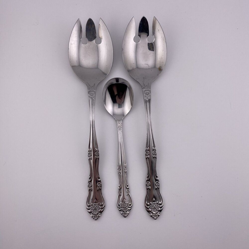 Rogers DREAM ROSE / ROSE BUD Stainless Korea Serving Fork Set 2 and Sugar Spoon